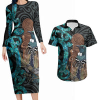 New Zealand Tui Bird Wahaika Couples Matching Long Sleeve Bodycon Dress and Hawaiian Shirt Maori Weapon Paua Shell Koru Pattern LT22 Black - Polynesian Pride