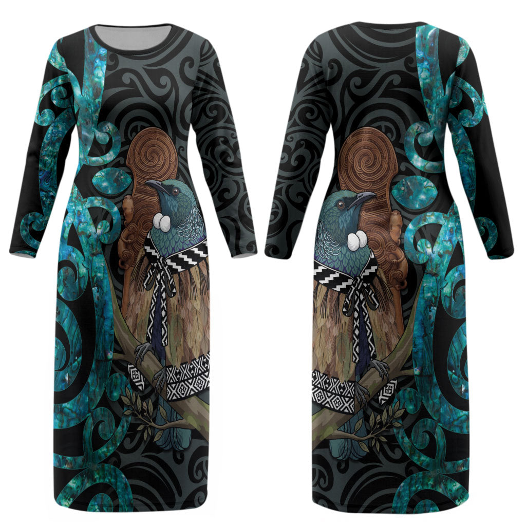 New Zealand Tui Bird Wahaika Couples Matching Long Sleeve Bodycon Dress and Hawaiian Shirt Maori Weapon Paua Shell Koru Pattern LT22 - Polynesian Pride
