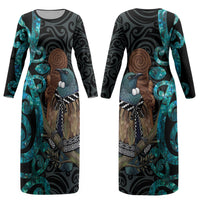 New Zealand Tui Bird Wahaika Couples Matching Long Sleeve Bodycon Dress and Hawaiian Shirt Maori Weapon Paua Shell Koru Pattern LT22 - Polynesian Pride