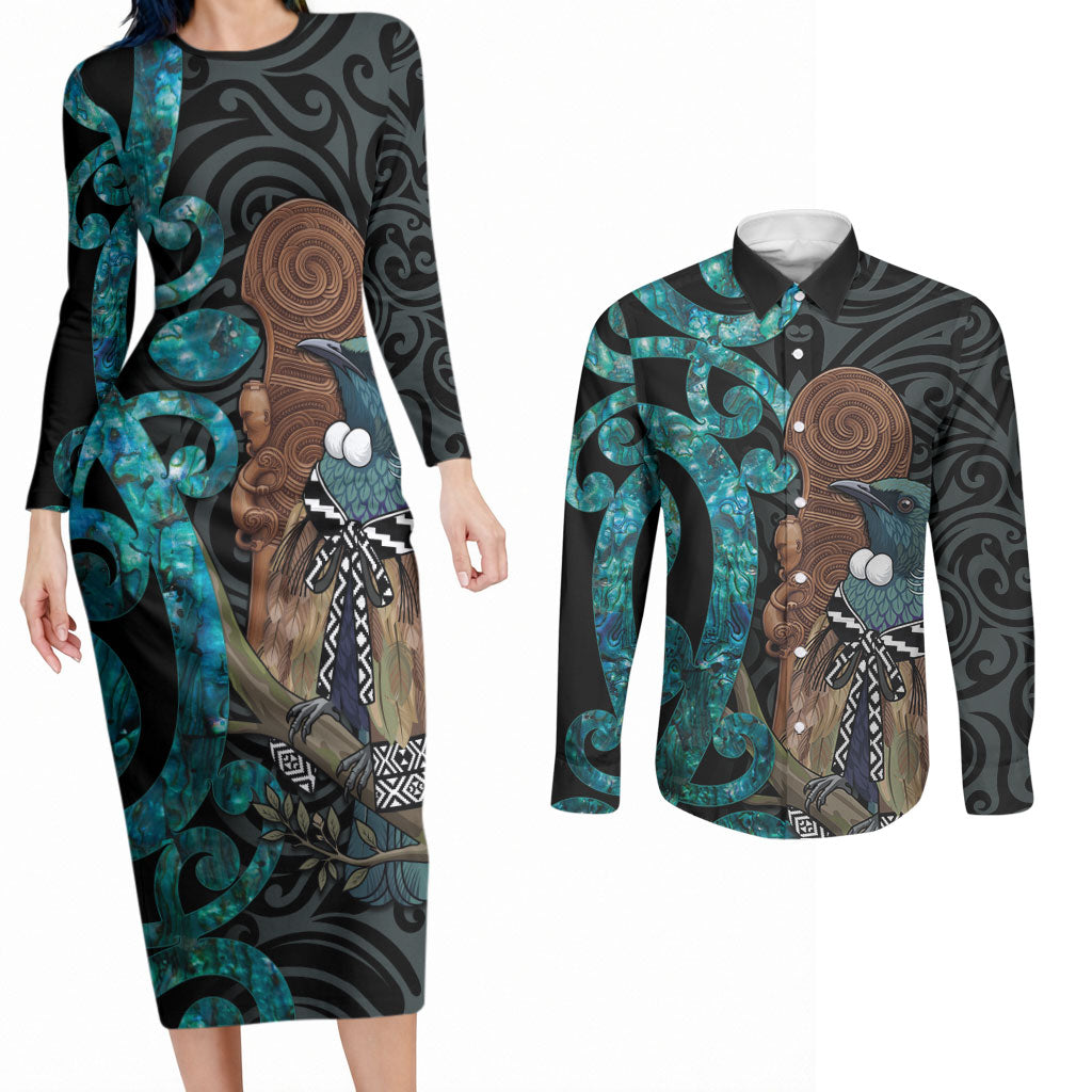 New Zealand Tui Bird Wahaika Couples Matching Long Sleeve Bodycon Dress and Long Sleeve Button Shirt Maori Weapon Paua Shell Koru Pattern LT22 Black - Polynesian Pride