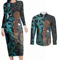 New Zealand Tui Bird Wahaika Couples Matching Long Sleeve Bodycon Dress and Long Sleeve Button Shirt Maori Weapon Paua Shell Koru Pattern LT22 Black - Polynesian Pride