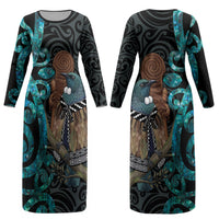 New Zealand Tui Bird Wahaika Couples Matching Long Sleeve Bodycon Dress and Long Sleeve Button Shirt Maori Weapon Paua Shell Koru Pattern LT22 - Polynesian Pride