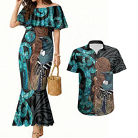 New Zealand Tui Bird Wahaika Couples Matching Mermaid Dress and Hawaiian Shirt Maori Weapon Paua Shell Koru Pattern LT22 Black - Polynesian Pride