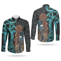 New Zealand Tui Bird Wahaika Couples Matching Mermaid Dress and Long Sleeve Button Shirt Maori Weapon Paua Shell Koru Pattern LT22 - Polynesian Pride