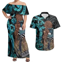 New Zealand Tui Bird Wahaika Couples Matching Off Shoulder Maxi Dress and Hawaiian Shirt Maori Weapon Paua Shell Koru Pattern LT22 Black - Polynesian Pride