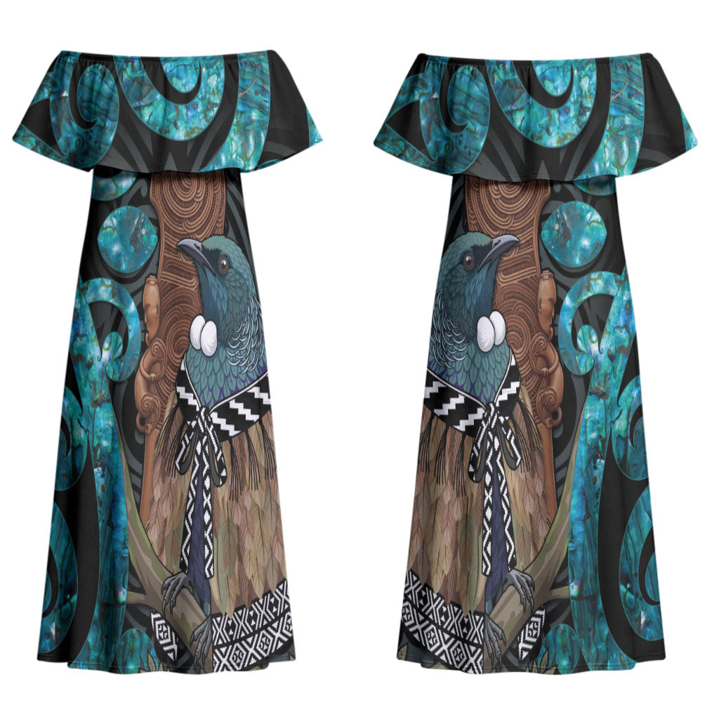 New Zealand Tui Bird Wahaika Couples Matching Off Shoulder Maxi Dress and Long Sleeve Button Shirt Maori Weapon Paua Shell Koru Pattern LT22 - Polynesian Pride