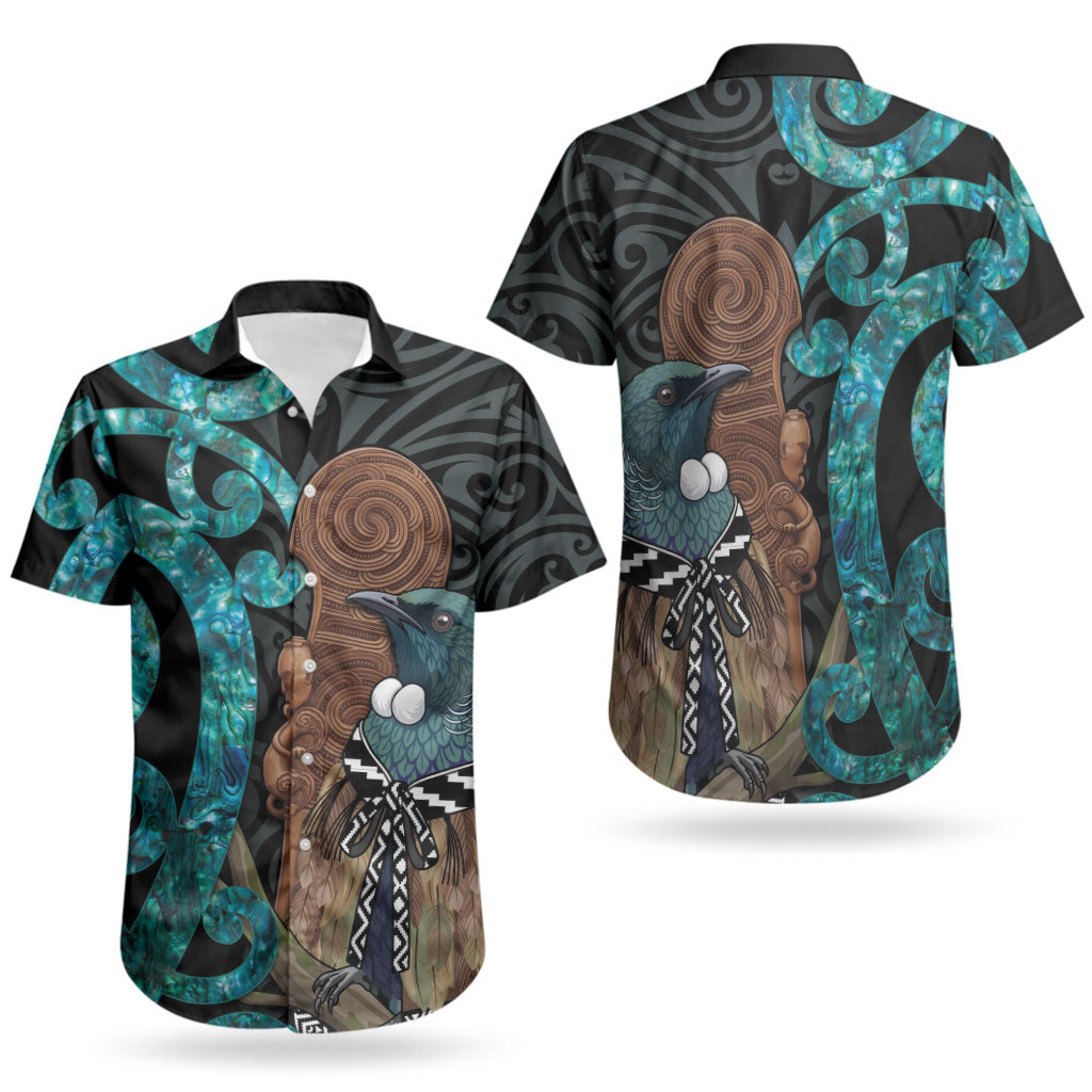 New Zealand Tui Bird Wahaika Couples Matching Off Shoulder Short Dress and Hawaiian Shirt Maori Weapon Paua Shell Koru Pattern LT22 - Polynesian Pride