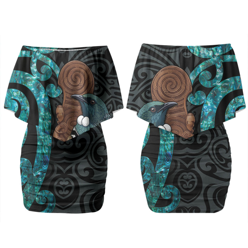 New Zealand Tui Bird Wahaika Couples Matching Off Shoulder Short Dress and Long Sleeve Button Shirt Maori Weapon Paua Shell Koru Pattern LT22 - Polynesian Pride
