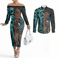 New Zealand Tui Bird Wahaika Couples Matching Off The Shoulder Long Sleeve Dress and Long Sleeve Button Shirt Maori Weapon Paua Shell Koru Pattern LT22 Black - Polynesian Pride