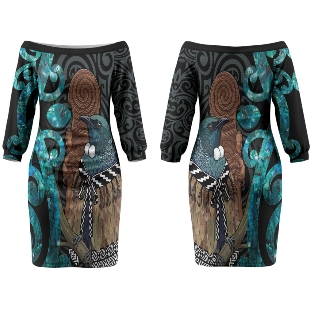 New Zealand Tui Bird Wahaika Couples Matching Off The Shoulder Long Sleeve Dress and Long Sleeve Button Shirt Maori Weapon Paua Shell Koru Pattern LT22 - Polynesian Pride