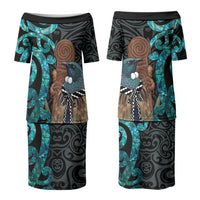 New Zealand Tui Bird Wahaika Couples Matching Puletasi and Long Sleeve Button Shirt Maori Weapon Paua Shell Koru Pattern LT22 - Polynesian Pride