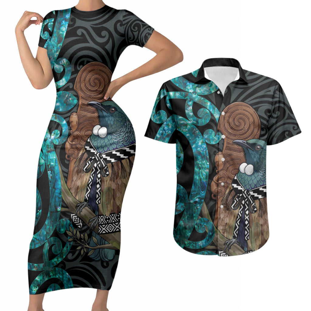 New Zealand Tui Bird Wahaika Couples Matching Short Sleeve Bodycon Dress and Hawaiian Shirt Maori Weapon Paua Shell Koru Pattern LT22 Black - Polynesian Pride