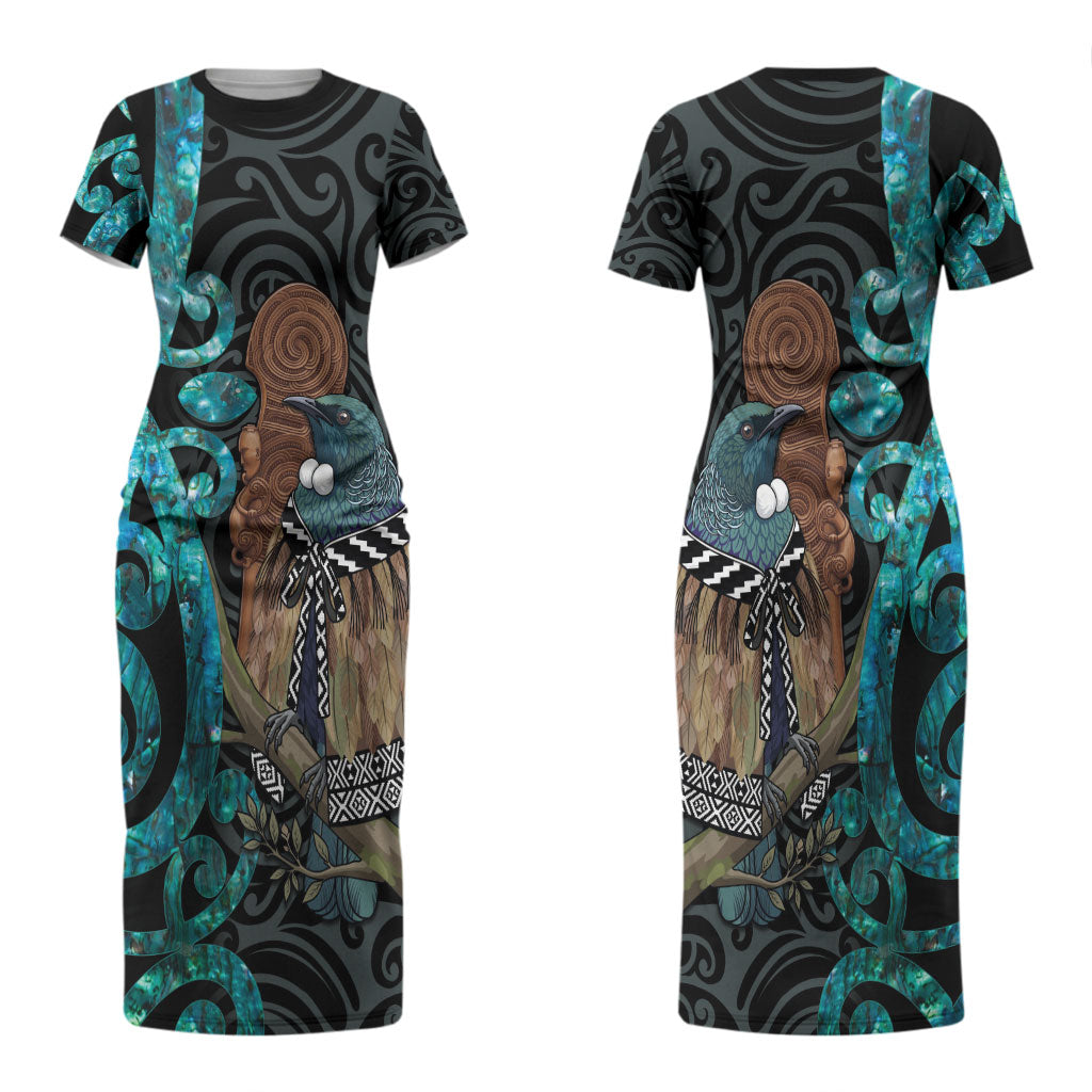 New Zealand Tui Bird Wahaika Couples Matching Short Sleeve Bodycon Dress and Hawaiian Shirt Maori Weapon Paua Shell Koru Pattern LT22 - Polynesian Pride