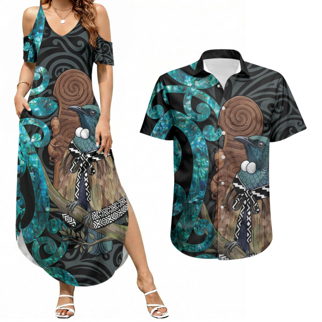 New Zealand Tui Bird Wahaika Couples Matching Summer Maxi Dress and Hawaiian Shirt Maori Weapon Paua Shell Koru Pattern LT22 Black - Polynesian Pride