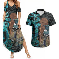 New Zealand Tui Bird Wahaika Couples Matching Summer Maxi Dress and Hawaiian Shirt Maori Weapon Paua Shell Koru Pattern LT22 Black - Polynesian Pride