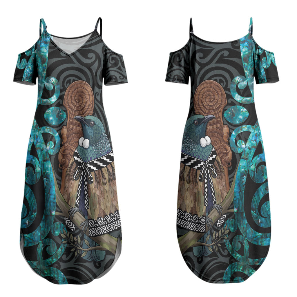 New Zealand Tui Bird Wahaika Couples Matching Summer Maxi Dress and Hawaiian Shirt Maori Weapon Paua Shell Koru Pattern LT22 - Polynesian Pride