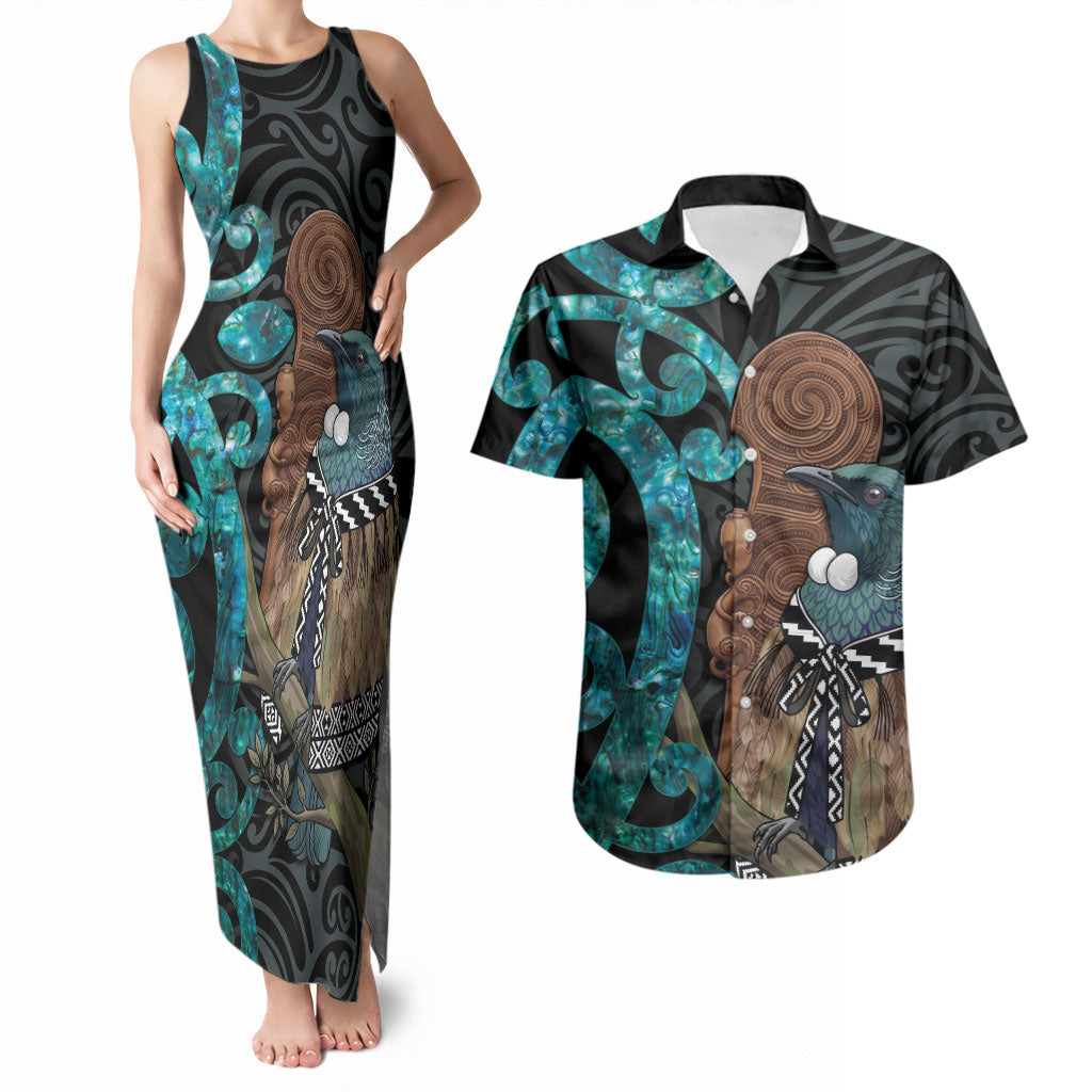 New Zealand Tui Bird Wahaika Couples Matching Tank Maxi Dress and Hawaiian Shirt Maori Weapon Paua Shell Koru Pattern LT22 Black - Polynesian Pride