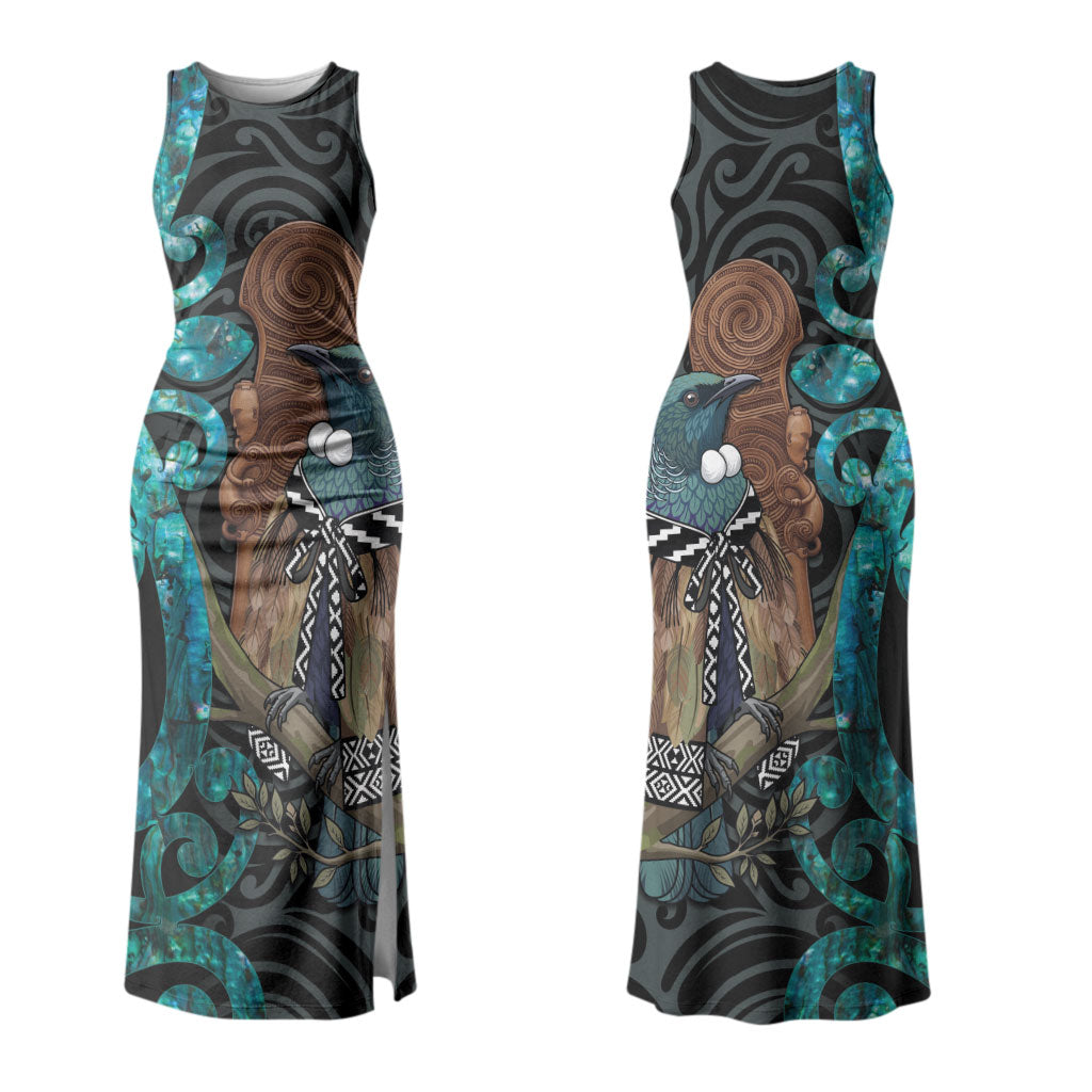 New Zealand Tui Bird Wahaika Couples Matching Tank Maxi Dress and Hawaiian Shirt Maori Weapon Paua Shell Koru Pattern LT22 - Polynesian Pride