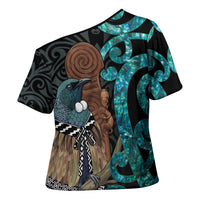New Zealand Tui Bird Wahaika Cross Shoulder Shirt Maori Weapon Paua Shell Koru Pattern LT22 - Polynesian Pride