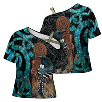 New Zealand Tui Bird Wahaika Cross Shoulder Shirt Maori Weapon Paua Shell Koru Pattern LT22 - Polynesian Pride