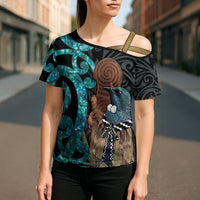 New Zealand Tui Bird Wahaika Cross Shoulder Shirt Maori Weapon Paua Shell Koru Pattern LT22 - Polynesian Pride