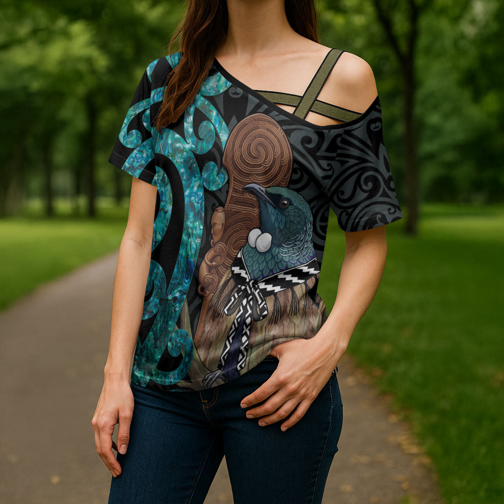 New Zealand Tui Bird Wahaika Cross Shoulder Shirt Maori Weapon Paua Shell Koru Pattern LT22 - Polynesian Pride