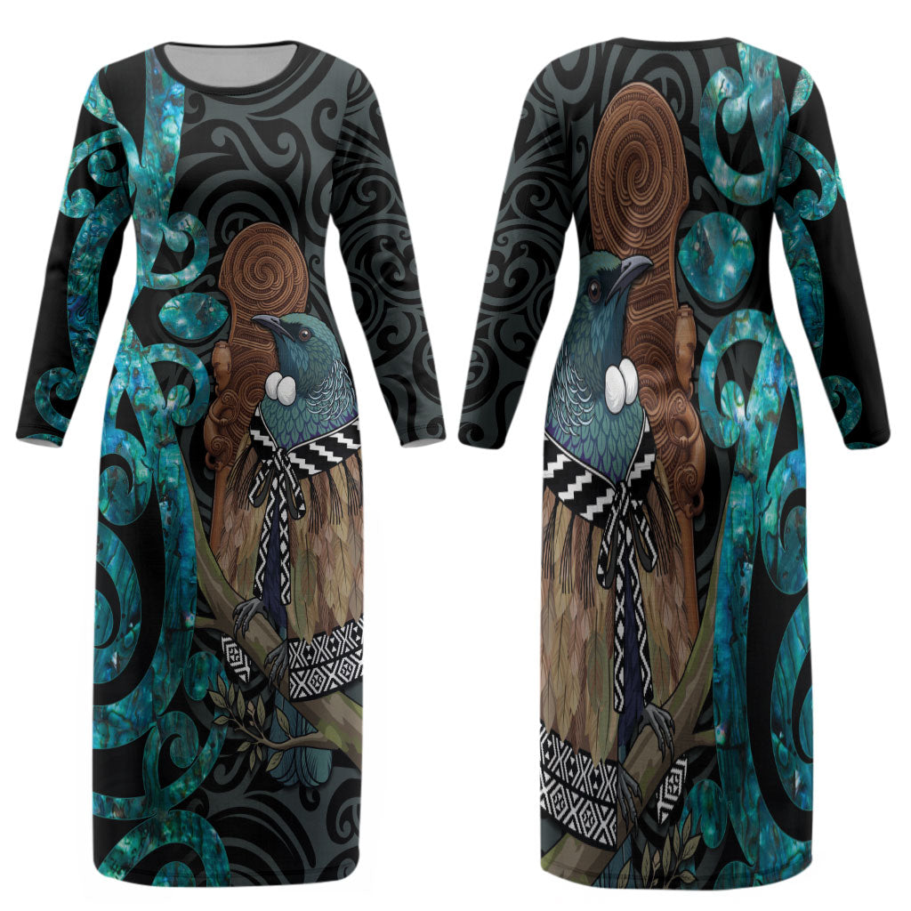 New Zealand Tui Bird Wahaika Family Matching Long Sleeve Bodycon Dress and Hawaiian Shirt Maori Weapon Paua Shell Koru Pattern LT22 Mom's Dress Black - Polynesian Pride