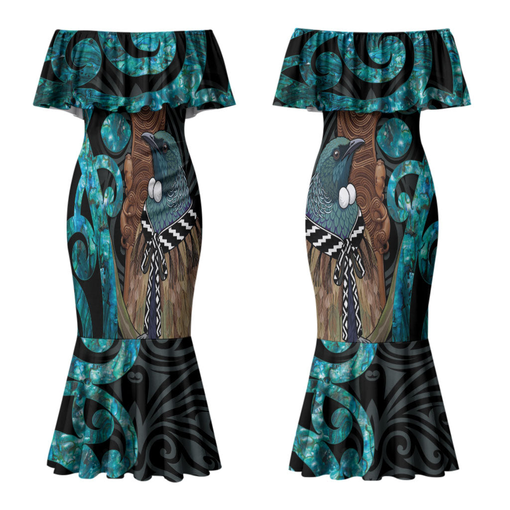 New Zealand Tui Bird Wahaika Family Matching Mermaid Dress and Hawaiian Shirt Maori Weapon Paua Shell Koru Pattern LT22 Mom's Dress Black - Polynesian Pride