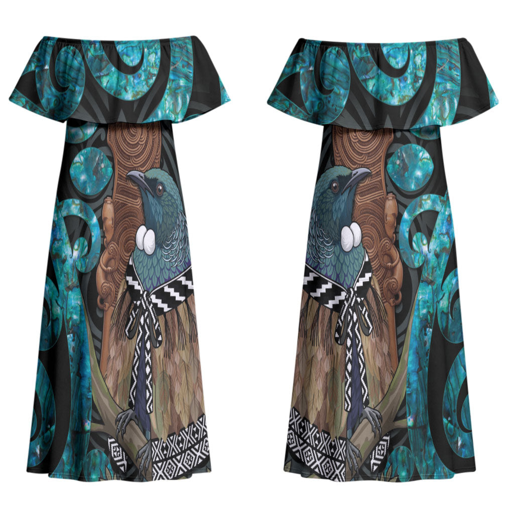New Zealand Tui Bird Wahaika Family Matching Off Shoulder Maxi Dress and Hawaiian Shirt Maori Weapon Paua Shell Koru Pattern LT22 Mom's Dress Black - Polynesian Pride