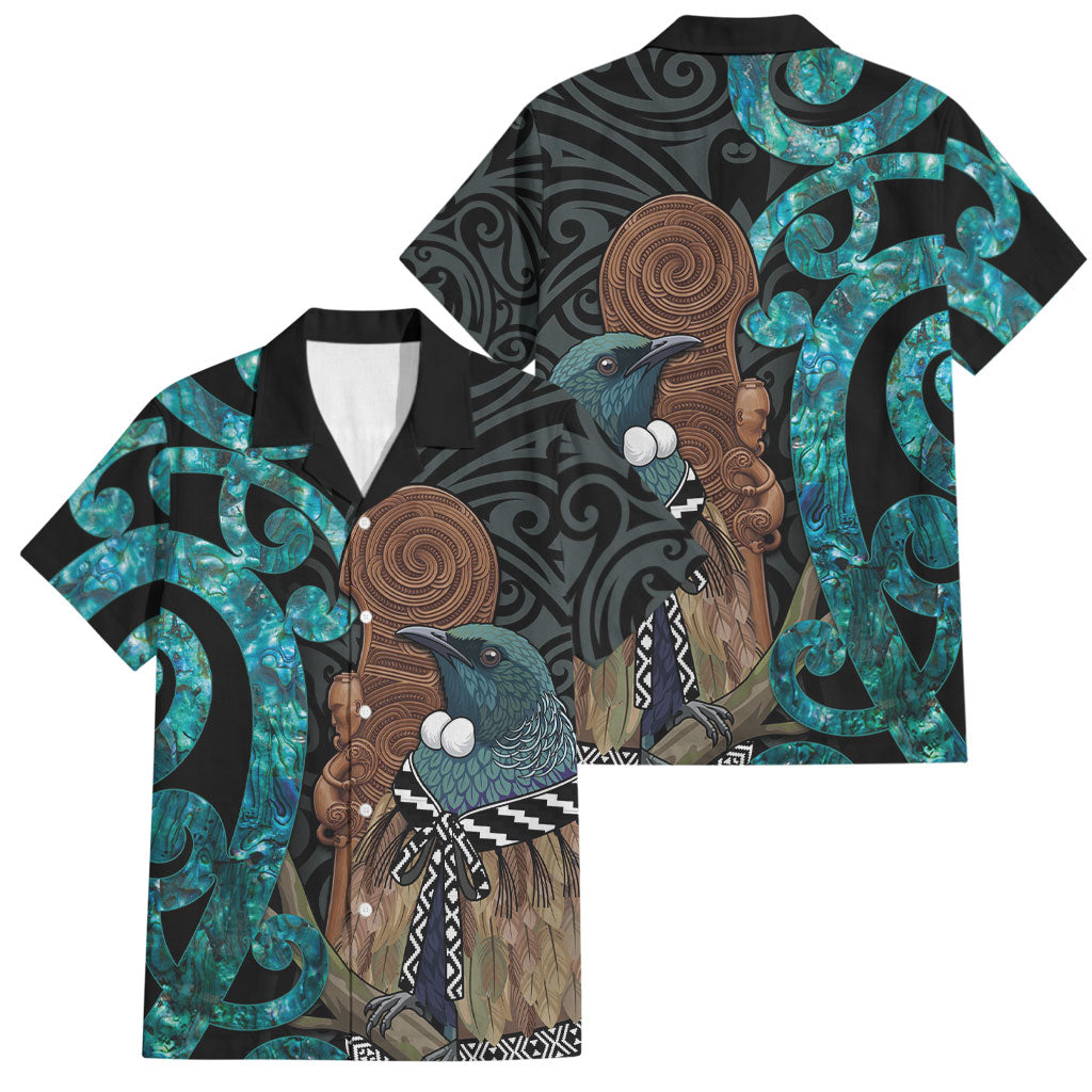 New Zealand Tui Bird Wahaika Family Matching Off Shoulder Maxi Dress and Hawaiian Shirt Maori Weapon Paua Shell Koru Pattern LT22 Dad's Shirt - Short Sleeve Black - Polynesian Pride