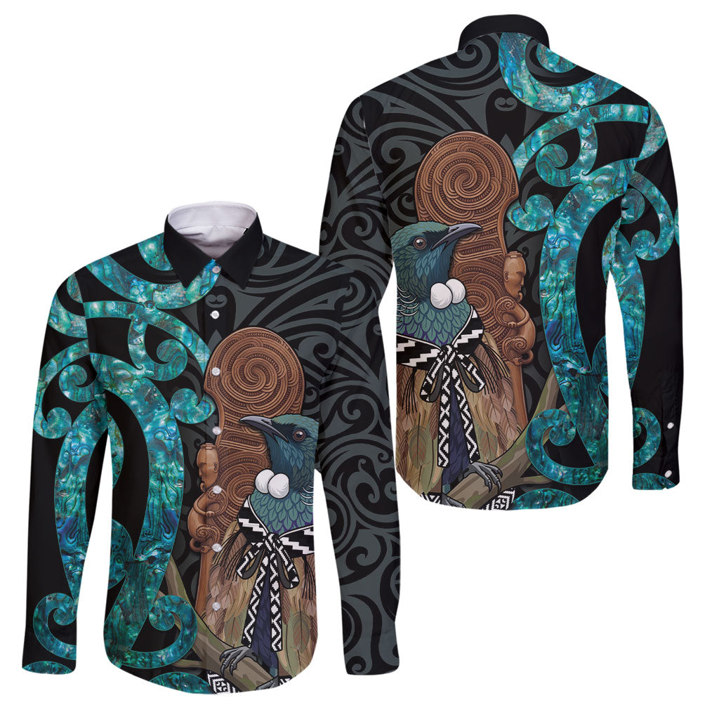 New Zealand Tui Bird Wahaika Family Matching Off Shoulder Short Dress and Hawaiian Shirt Maori Weapon Paua Shell Koru Pattern LT22 Dad's Shirt - Long Sleeve Black - Polynesian Pride