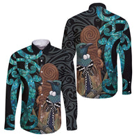 New Zealand Tui Bird Wahaika Family Matching Off Shoulder Short Dress and Hawaiian Shirt Maori Weapon Paua Shell Koru Pattern LT22 Dad's Shirt - Long Sleeve Black - Polynesian Pride