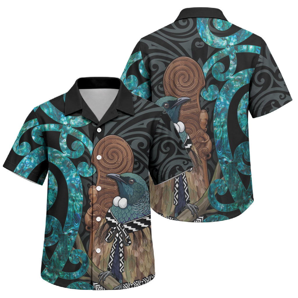 New Zealand Tui Bird Wahaika Family Matching Off Shoulder Short Dress and Hawaiian Shirt Maori Weapon Paua Shell Koru Pattern LT22 Son's Shirt Black - Polynesian Pride