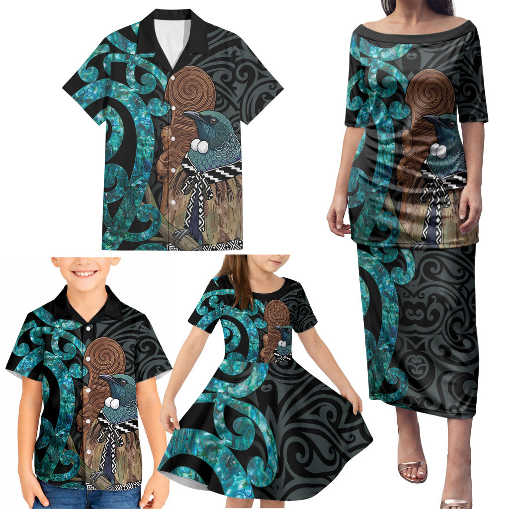 New Zealand Tui Bird Wahaika Family Matching Puletasi and Hawaiian Shirt Maori Weapon Paua Shell Koru Pattern LT22 - Polynesian Pride