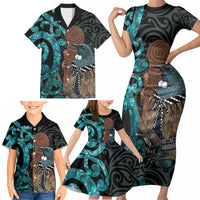 New Zealand Tui Bird Wahaika Family Matching Short Sleeve Bodycon Dress and Hawaiian Shirt Maori Weapon Paua Shell Koru Pattern LT22 - Polynesian Pride