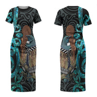 New Zealand Tui Bird Wahaika Family Matching Short Sleeve Bodycon Dress and Hawaiian Shirt Maori Weapon Paua Shell Koru Pattern LT22 Mom's Dress Black - Polynesian Pride
