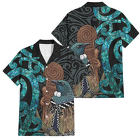 New Zealand Tui Bird Wahaika Family Matching Short Sleeve Bodycon Dress and Hawaiian Shirt Maori Weapon Paua Shell Koru Pattern LT22 Dad's Shirt - Short Sleeve Black - Polynesian Pride