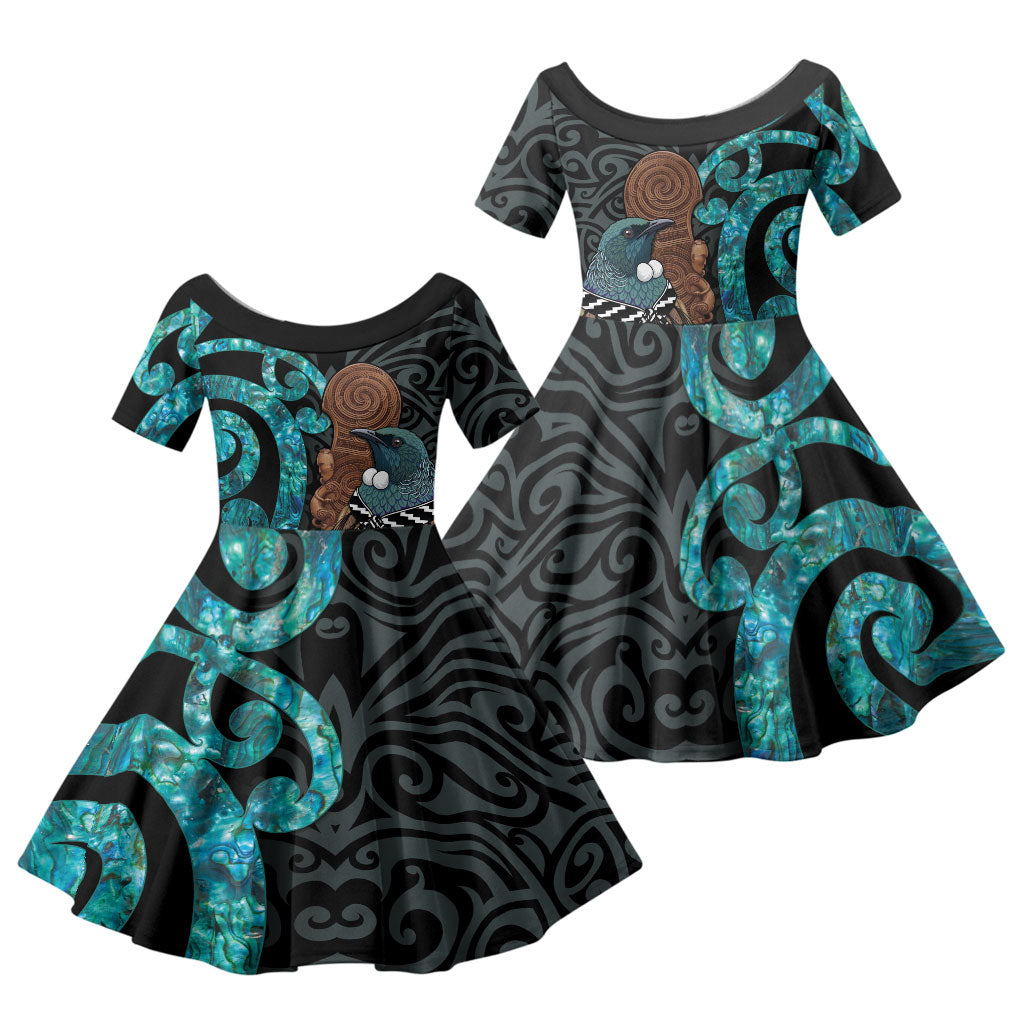 New Zealand Tui Bird Wahaika Family Matching Summer Maxi Dress and Hawaiian Shirt Maori Weapon Paua Shell Koru Pattern LT22 Daughter's Dress Black - Polynesian Pride