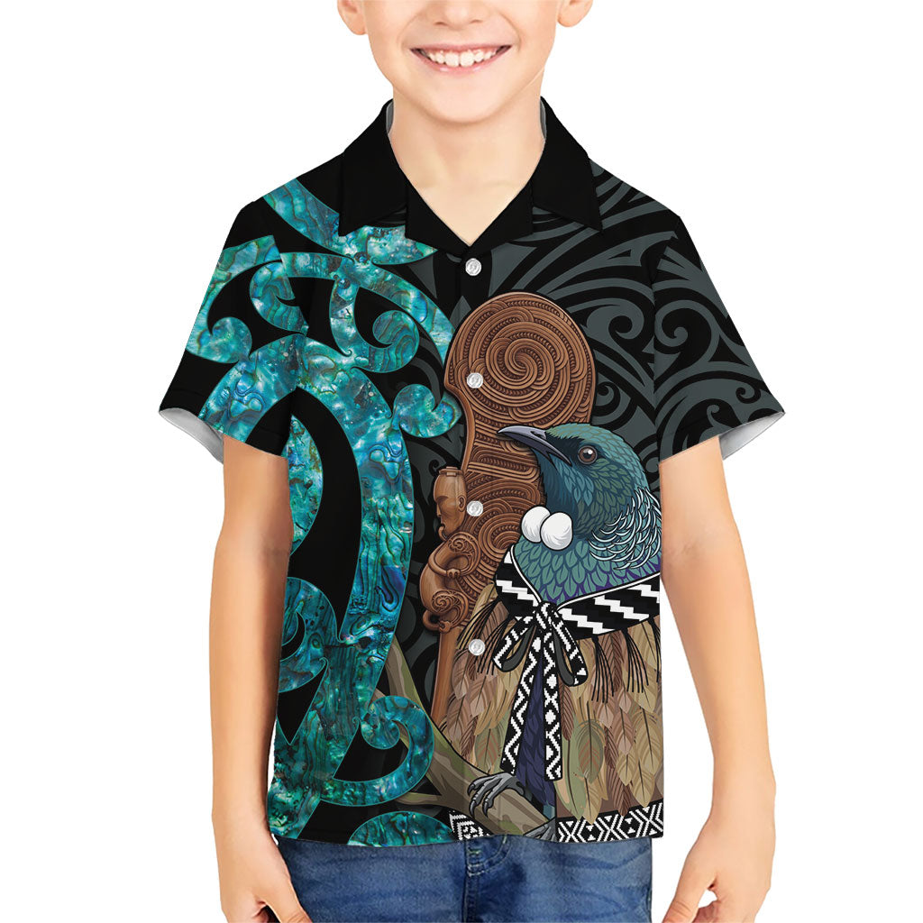 New Zealand Tui Bird Wahaika Kid Hawaiian Shirt Maori Weapon Paua Shell Koru Pattern LT22 Kid Black - Polynesian Pride