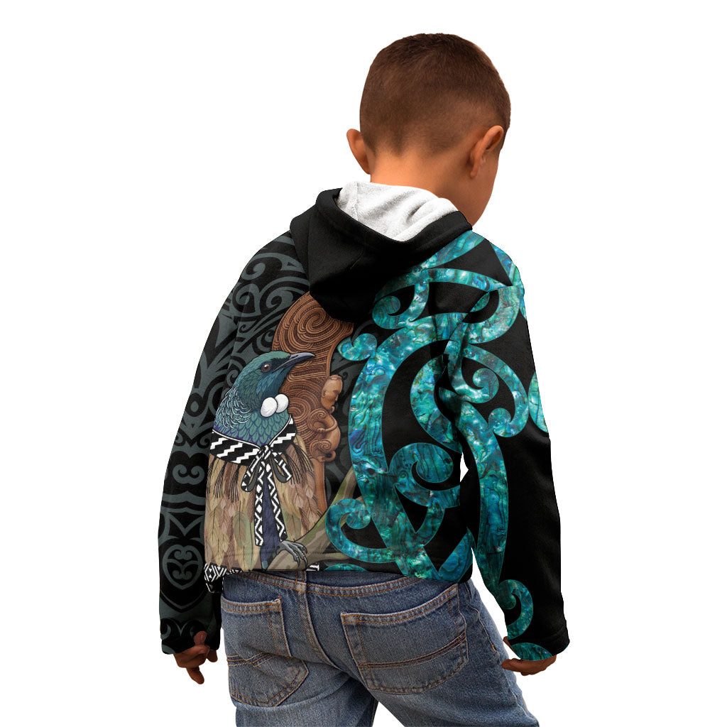 New Zealand Tui Bird Wahaika Kid Hoodie Maori Weapon Paua Shell Koru Pattern LT22 - Polynesian Pride