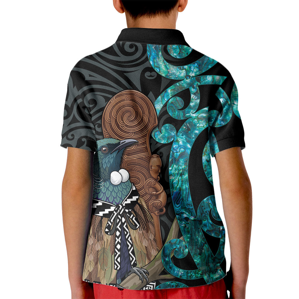 New Zealand Tui Bird Wahaika Kid Polo Shirt Maori Weapon Paua Shell Koru Pattern LT22 - Polynesian Pride