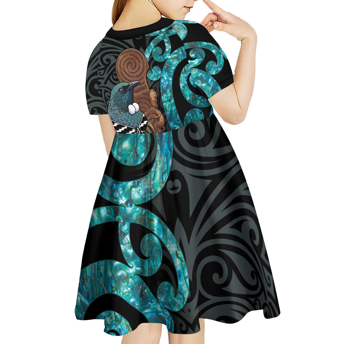New Zealand Tui Bird Wahaika Kid Short Sleeve Dress Maori Weapon Paua Shell Koru Pattern LT22 - Polynesian Pride