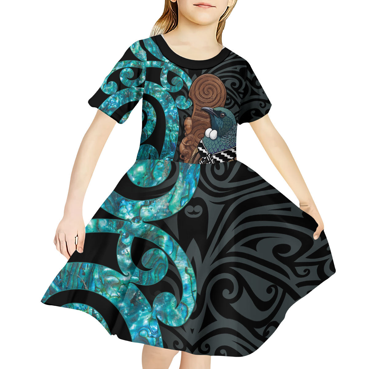 New Zealand Tui Bird Wahaika Kid Short Sleeve Dress Maori Weapon Paua Shell Koru Pattern LT22 - Polynesian Pride