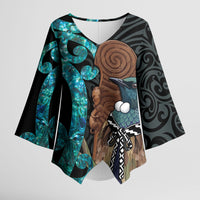 New Zealand Tui Bird Wahaika Kimono Sleeve Blouse Maori Weapon Paua Shell Koru Pattern LT22 Female Black - Polynesian Pride