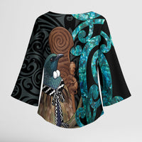 New Zealand Tui Bird Wahaika Kimono Sleeve Blouse Maori Weapon Paua Shell Koru Pattern LT22 - Polynesian Pride
