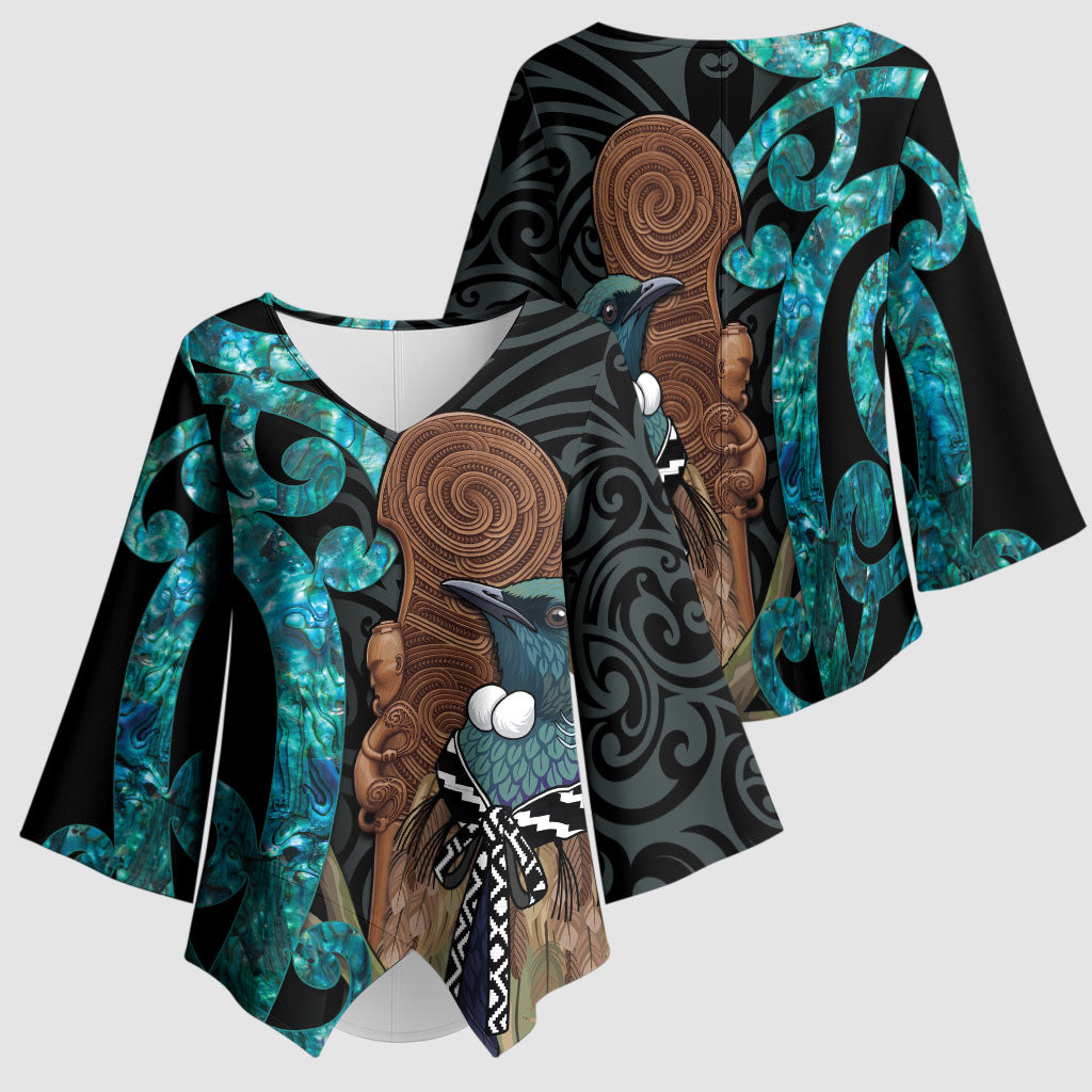 New Zealand Tui Bird Wahaika Kimono Sleeve Blouse Maori Weapon Paua Shell Koru Pattern LT22 - Polynesian Pride