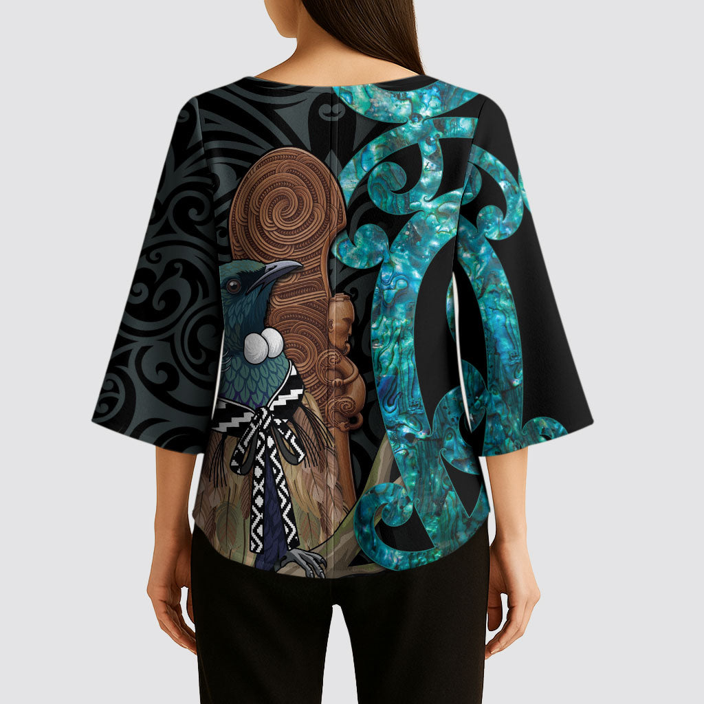 New Zealand Tui Bird Wahaika Kimono Sleeve Blouse Maori Weapon Paua Shell Koru Pattern LT22 - Polynesian Pride