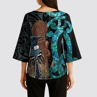 New Zealand Tui Bird Wahaika Kimono Sleeve Blouse Maori Weapon Paua Shell Koru Pattern LT22 - Polynesian Pride
