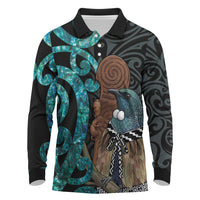 New Zealand Tui Bird Wahaika Long Sleeve Polo Shirt Maori Weapon Paua Shell Koru Pattern LT22 Black - Polynesian Pride