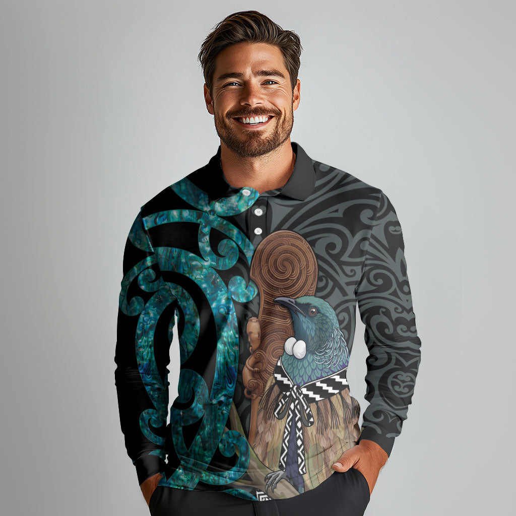 New Zealand Tui Bird Wahaika Long Sleeve Polo Shirt Maori Weapon Paua Shell Koru Pattern LT22 - Polynesian Pride